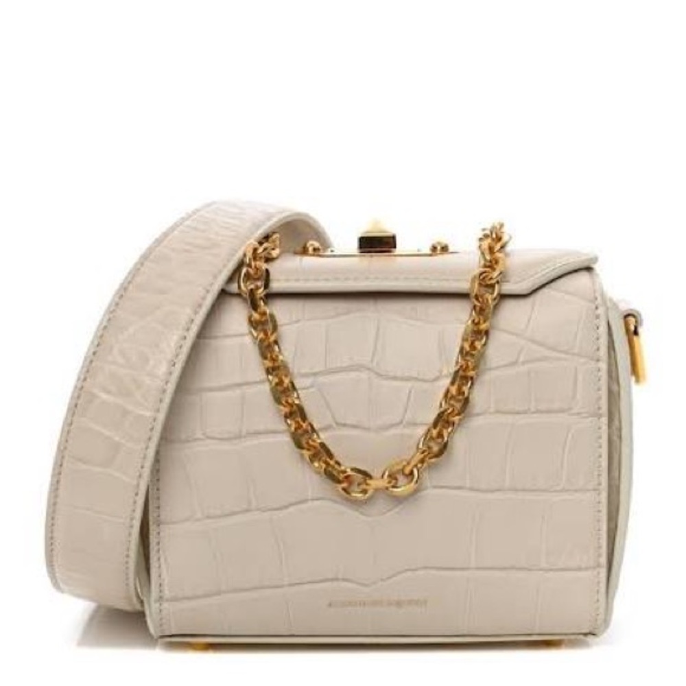 Alexander McQueen Box Bag 19 Ivory Gold Calfskin Crocodile Embossed Crossbody